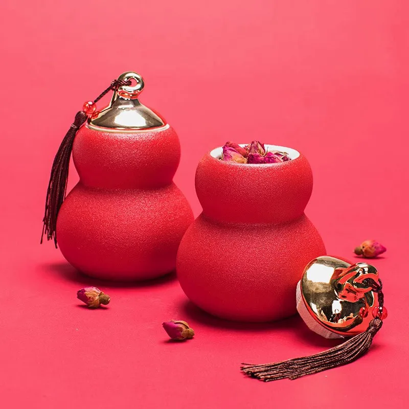 

China Red Ceramic Can Tieguanyin Tea Can Creative Gourd Wedding Kung Fu Tea Set Sealed Can Pu'er Awakening Tea Can Festival Gift