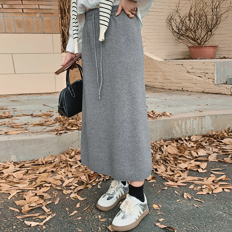 

Женская повседневная прямая вязаная юбка больших размеров, скрывающая бедра, свободного кроя, зимняя, модная, в нежном стиле, со средней талией, из полиэфирного волокна