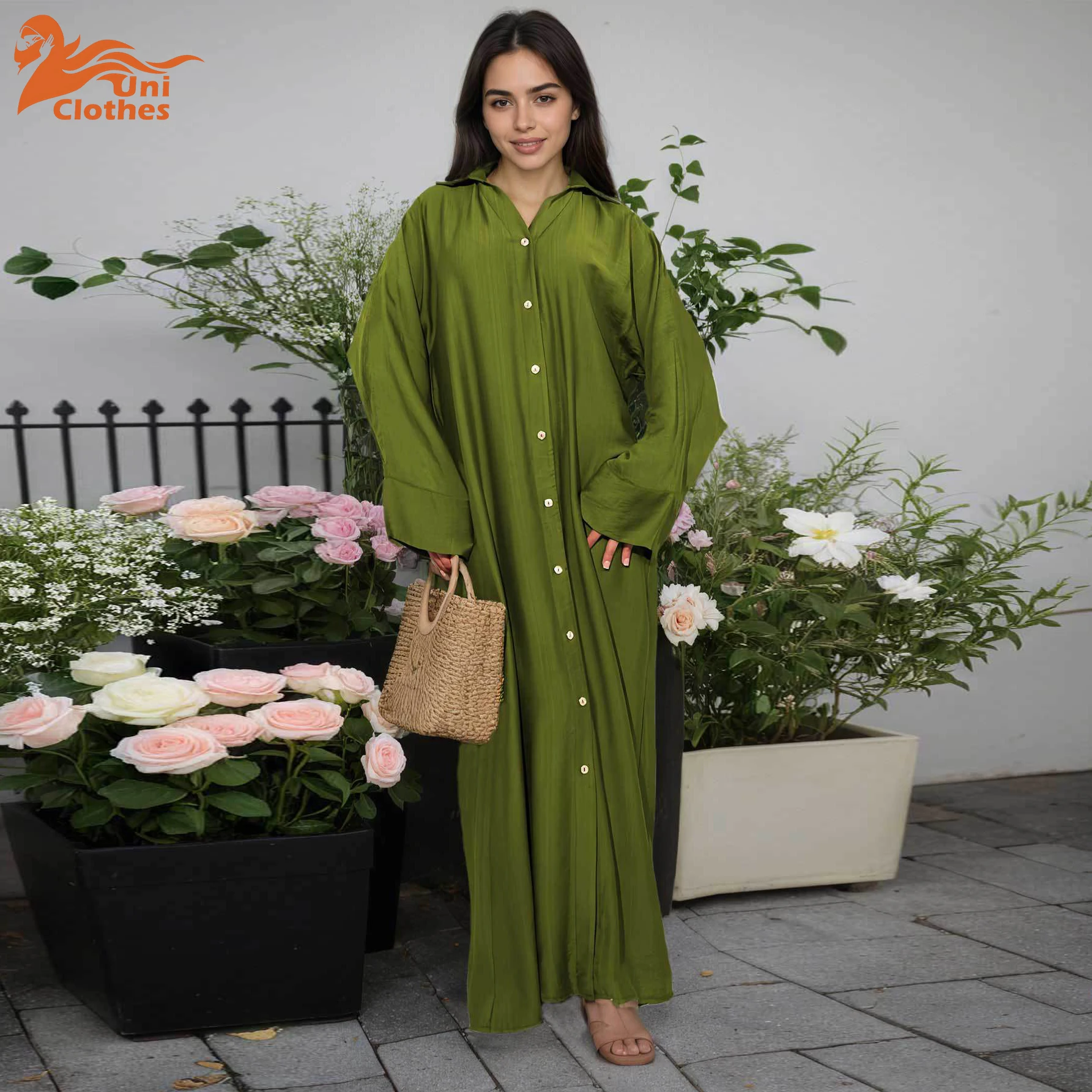 

UNI Womens Modest Fashion Long Robe Olive Green Shirt Design Collared Full Button Placket for Islamic women Leisure & Daily Eleg