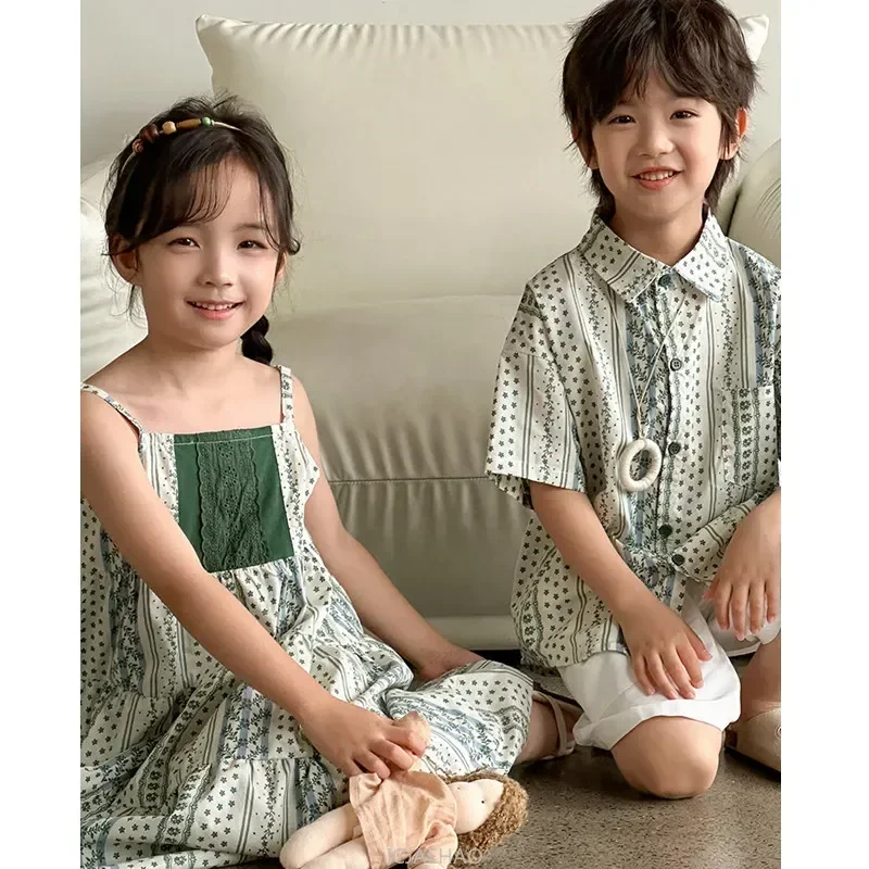 

Brother and Sister Baby Twins Outfits Matching Shorts Two Piece Sets VacationClothes Girls Resort Dress Child Boys Beach Shirts