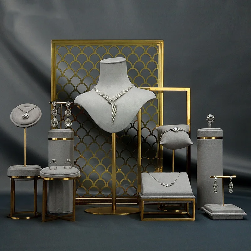 رمادي اللون عرض المجوهرات حامل مجموعة متجر المجوهرات قلادة حلقة حامل القرط قلادة رف شاشة نافذة عرض صور الدعائم مجموعة