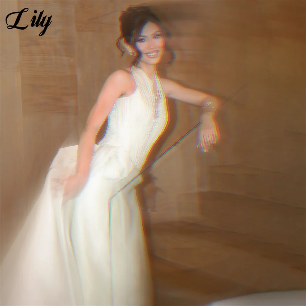 Lily Ivory Halter Prom Dresses Pleated Satin Mermaid Evening Dresses Lace Trim Party Dress Zipper Back Robe De Soirée Customized