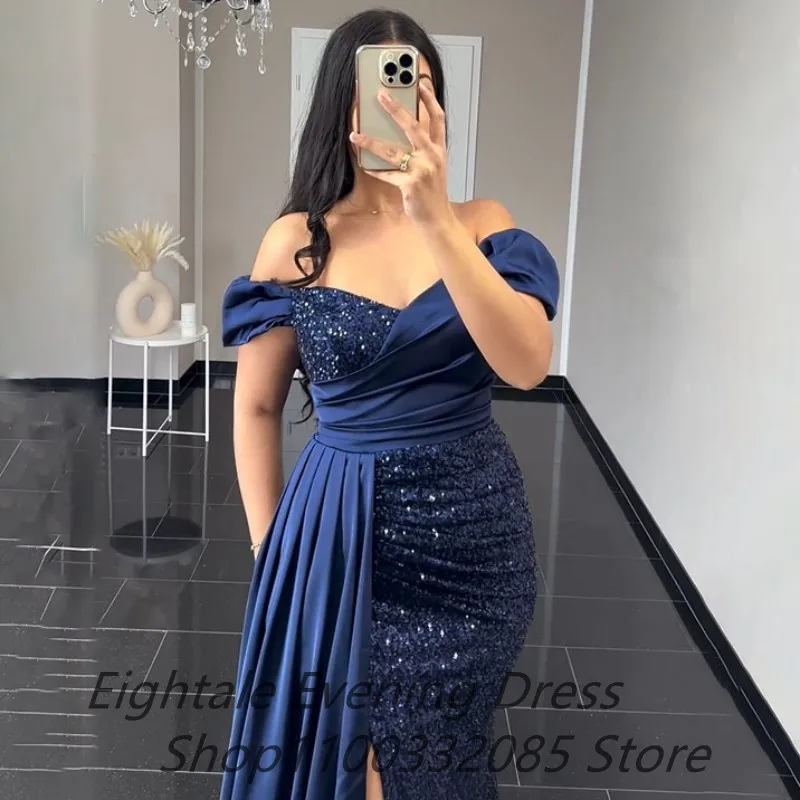 Customized Navy Blue Sequin Evening Dresses For Wedding Party Sexy Slit Off Shoulder Formal Prom Dress Dubai Party Gown