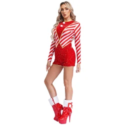 Women Christmas Candy Cane Costume Long Sleeve Stripes Sequins Pompoms Jumpsuit for Carnival Xmas Themed Party Stage Performance