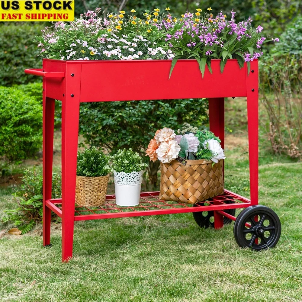 

Elevated Garden Planter Box on Wheels with Drainage System Ergonomic Handle Galvanized Steel Indoor Outdoor Use