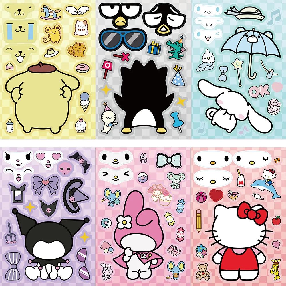 8/Sheets Cute Sanrio Hello Kitty Anime Puzzle Party Stickers DIY Make-a-Face Assemble Funny Cartoon Decal Girl Kid Gift