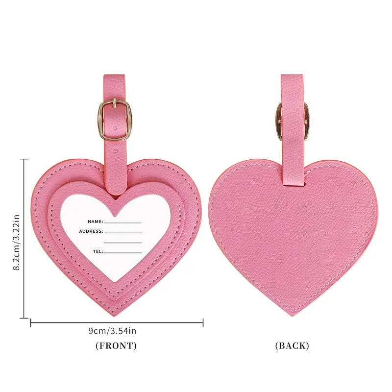 Etiqueta de bagagem simples de couro pu para mulheres homens colorido pu em forma de coração etiquetas de cartão penduradas anti perda