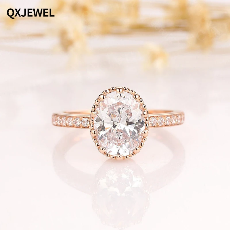 QXJEWEL 7*9mm Oval Shape Moissanite Ring 2ct D Color 14k Rose Soild Gold With Certificate For Women Engagement Fashion Jewelry