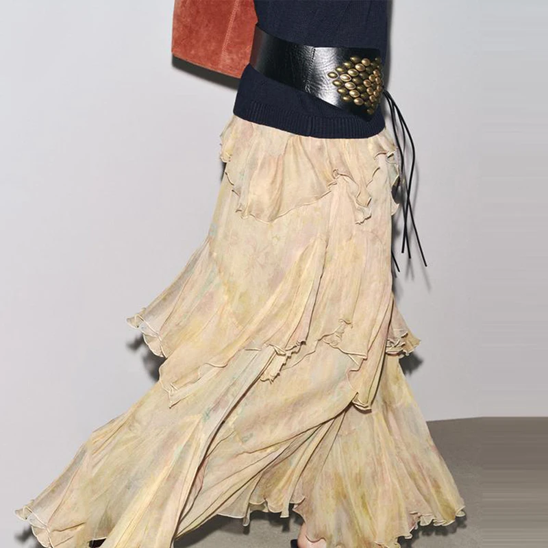 2025 Summer New Women's Faion Small Print Layered Decoration f Skirt High Waist Cake Skirt Polyester Fiber Loose Fit