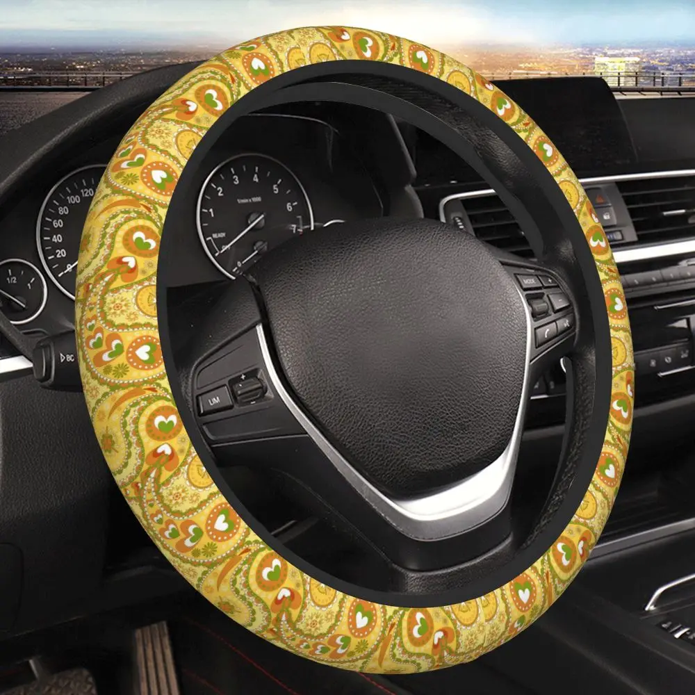 Yellow Pali Pattern Design Car Steering Wheel Cover 15 Inch  Anti Fouling and Anti Slip Design Steering Wheel Cover