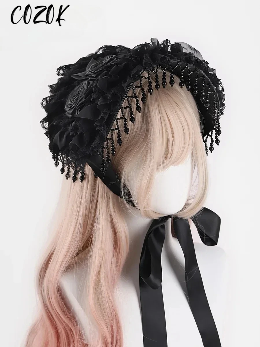 

Original Handmade Gothic Dark Cosplay Lolita Hat Subculture Black Pearl Fringed Lace Rose Caps Punk Style Halloween Hat Women