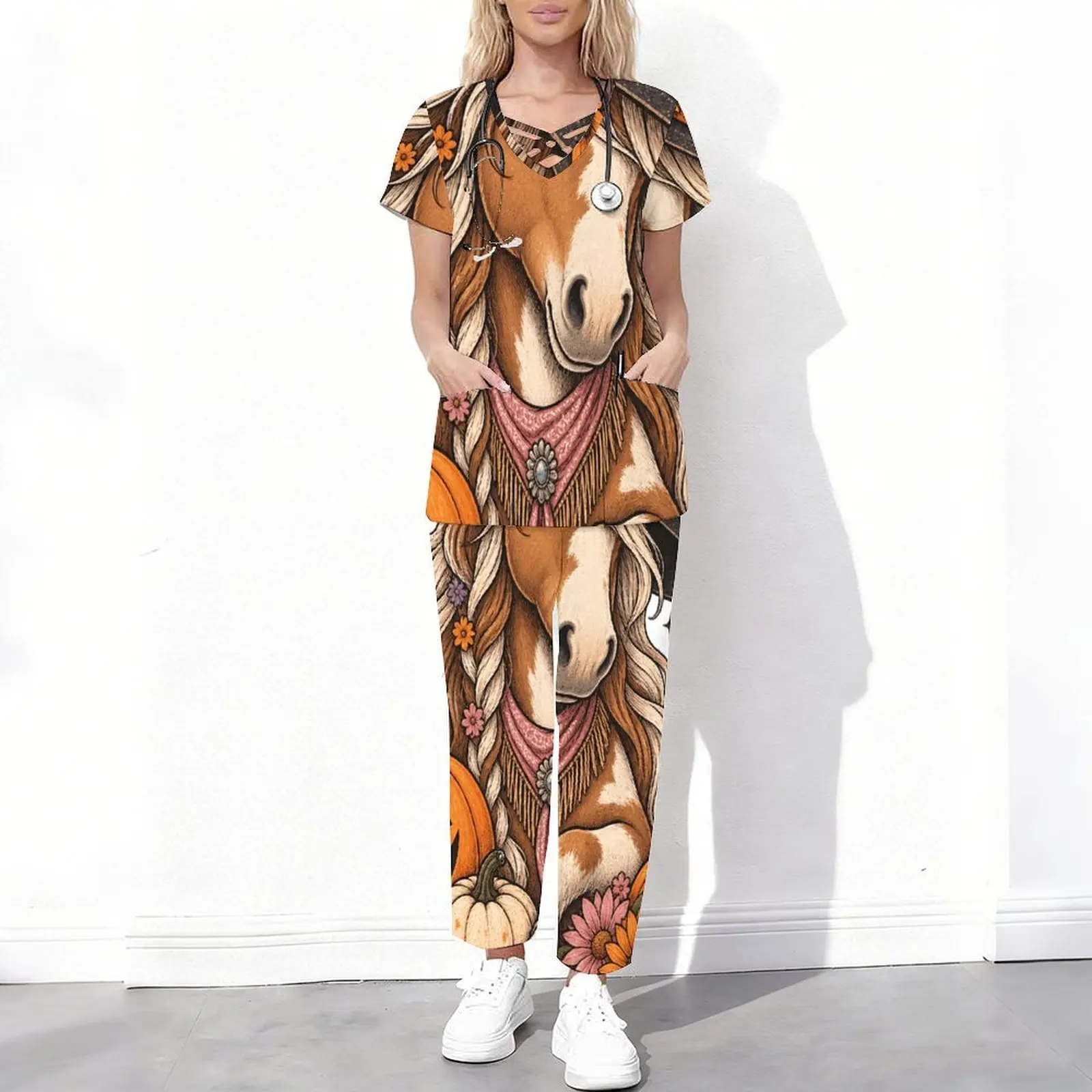 Women Cartoon Mushroom House Pumpkin Ghost Printed Short Sleeve Cutout Scrub Top and Long Pants 2 Piece Set