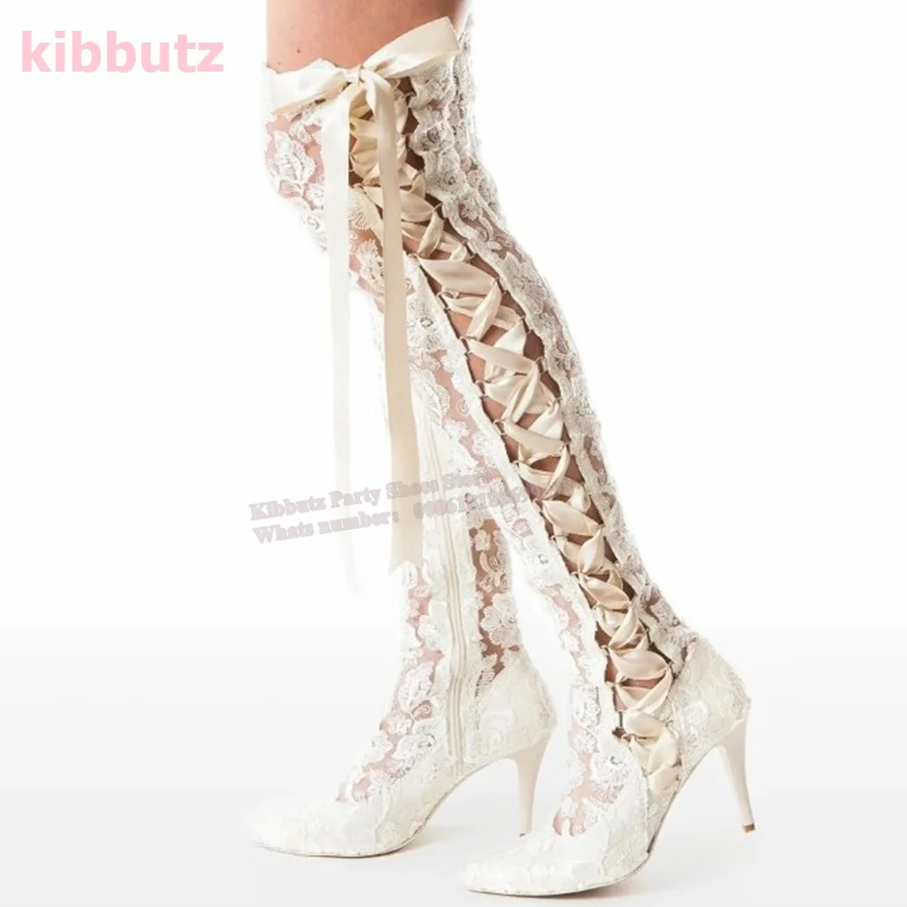 Botas de casamento acima do joelho para mulheres, marfim com renda, dedo apontado, salto fino, zíper lateral, querida nupcial, sapatos elegantes sexy, moda