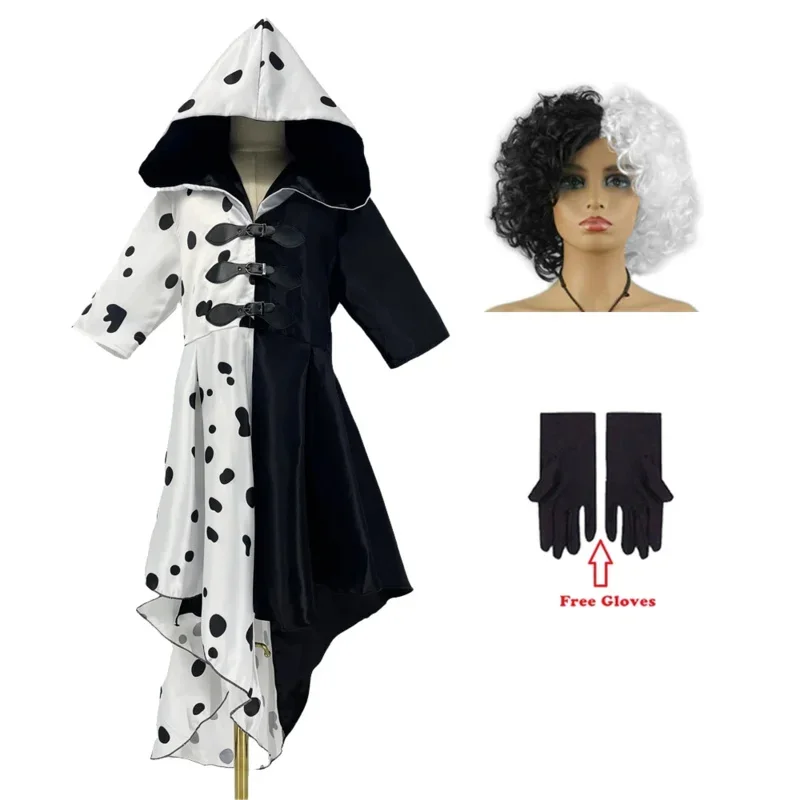 2025 New Evil Madame Cruella De Vil Cosplay Halloween Costume for Kids Woman Half Black Half White Wig Girls Princess Summer  AA