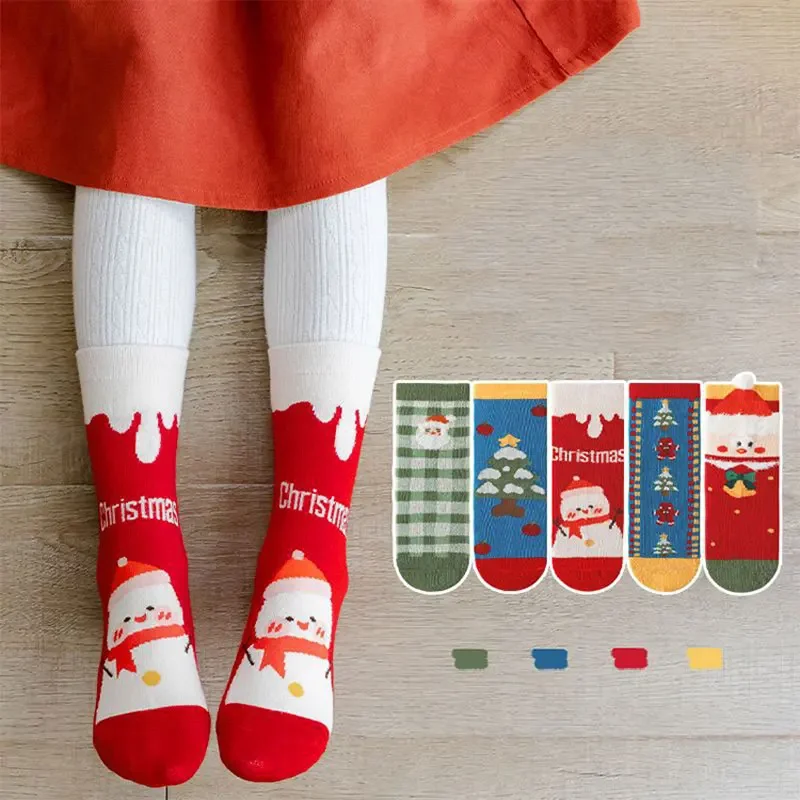 Calcetines navideños de algodón para niñas, Medias Rojas festivas chinas para niños de 1 a 12 años, 5 pares, otoño e invierno, 2024