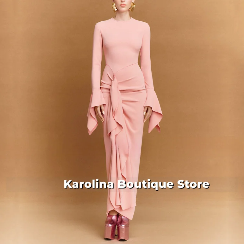 

Розовое вечернее платье макси с круглым вырезом и длинными рукавами, рюшами, скромные вечерние платья для женщин, колонны 2025 года, вечерние платья