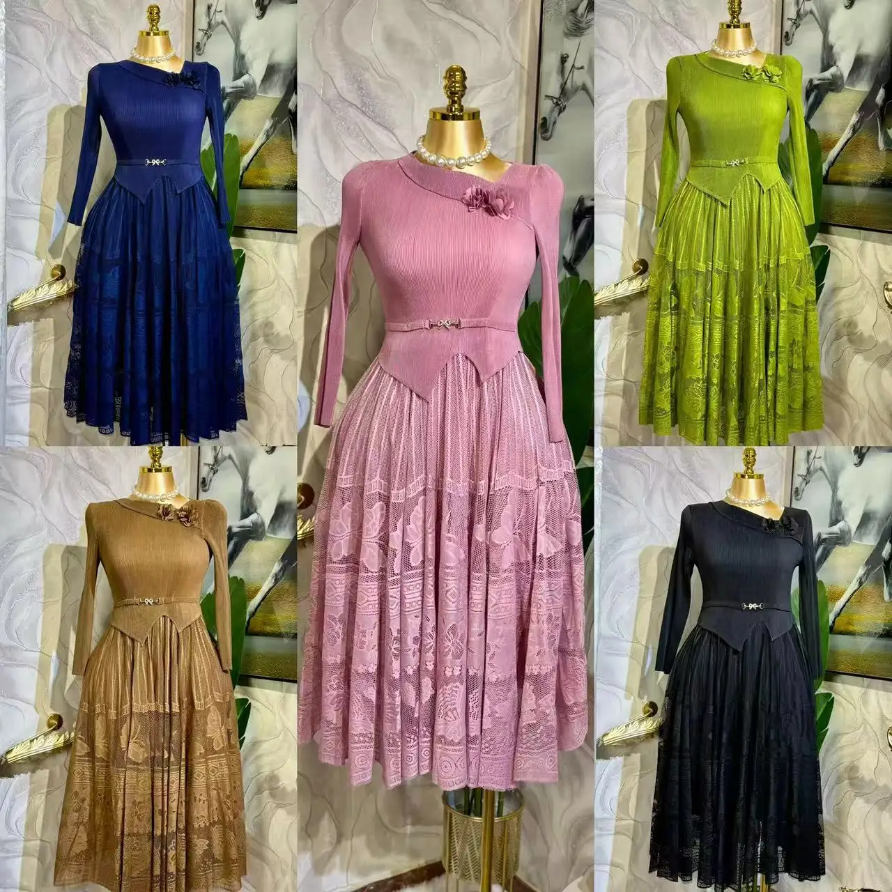 

2025 Spring Autumn New Small Fragrant Lace Pendulum Dress Miyake Pleated Three-dimensional Flower Long-sleeved Dress Real Shot