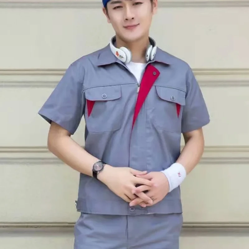 맞춤형 로고 작업복 상의+하의 DIY 디자인 로고 자동차 수리 및 청소 반팔 작업복 다용도 포켓 유니섹스 셔츠