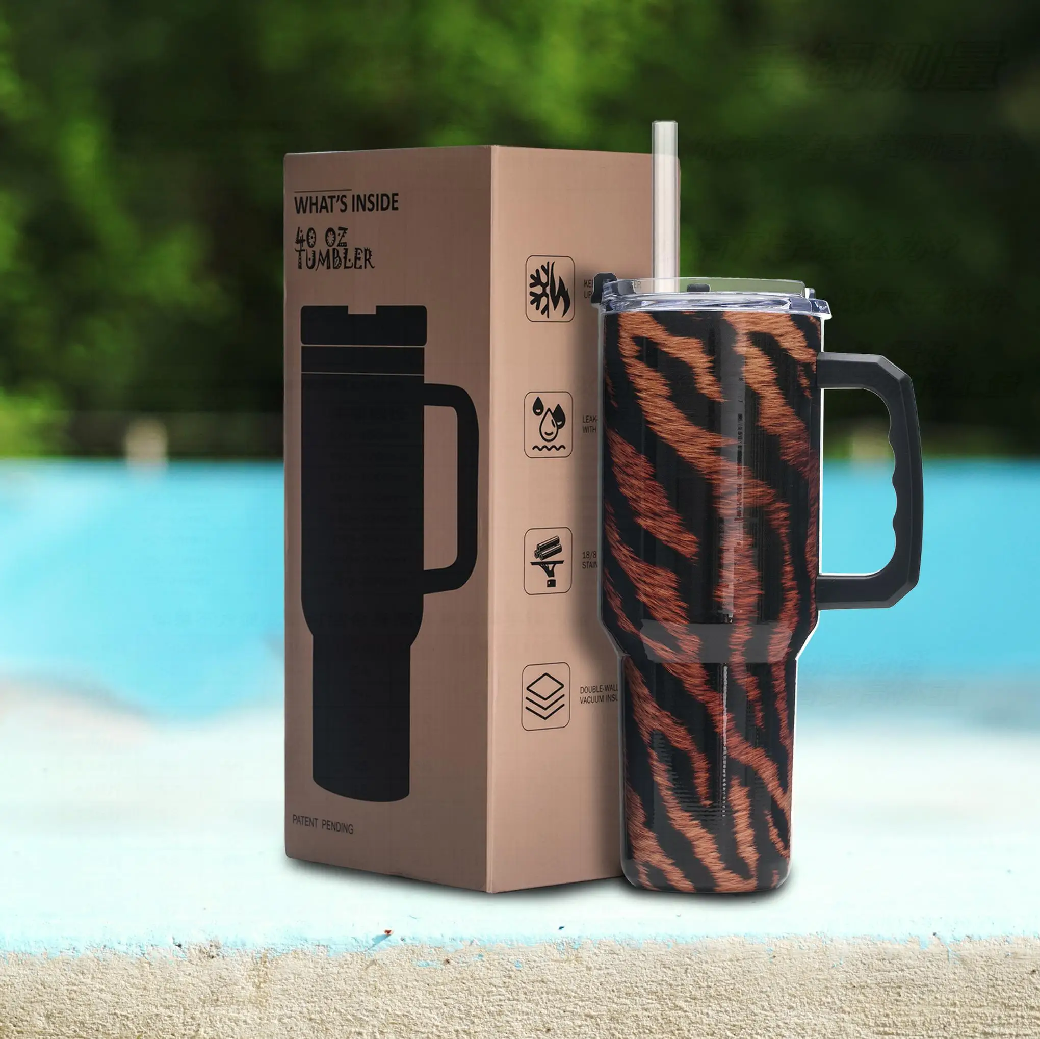 

Стакан с тигровым принтом из нержавеющей стали, 40 унций, кружка с вакуумной изоляцией и ручкой, широкая горловина и откидная крышка, подарок без BPA для мужчины