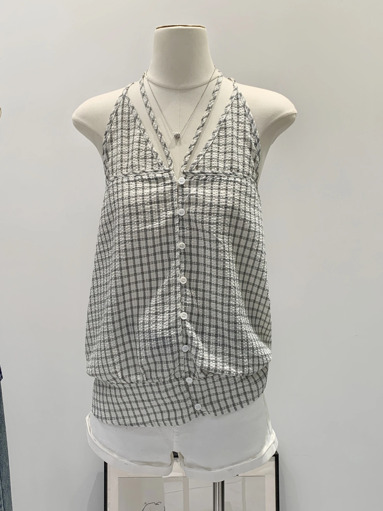 Stylish Women's Tank Top Neck Hanging Belt Design Breathable Cotton Summer Outerwear Single Button Short Length Checkered Pat...
