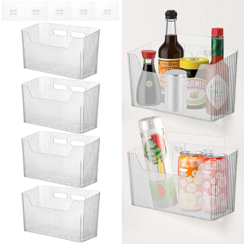 

4 Pcs Adhesive Kitchen Cabinet Door Organizer Storage Caddy, Clear Lid Organizer Cabinet Door Wall Mounted Pantry Storage