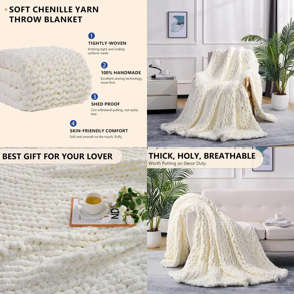 

Handcrafted Cable Crochet Blanket - Plush Chenille Throw 50x60 - Large Chunky Yarn Sofa Bed Cover (Cream White)