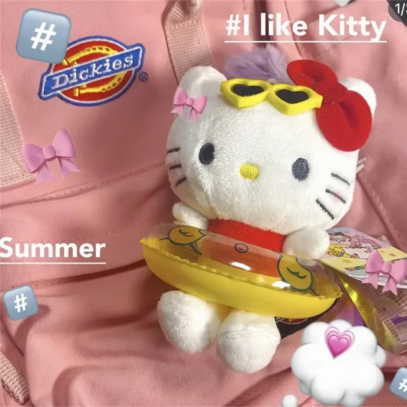 Kawaii Hello Kitty Hawaiian Sanrio Keychain Pendant Cartoon Plush Toys Brown White Swim Ring Stuffed Plushies Key Ring Bag Toys