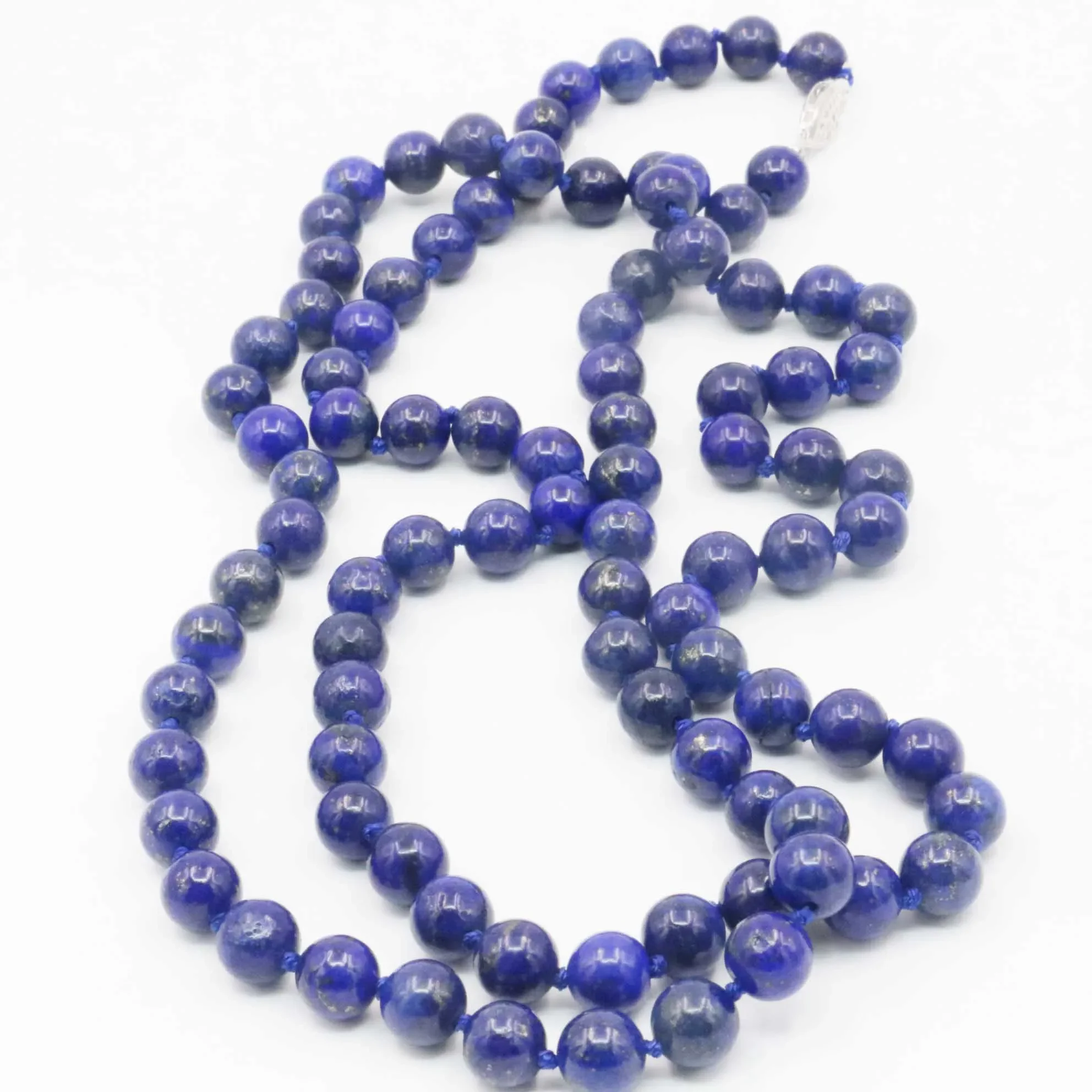 8mm Long Round Blue Lapis Lazuli Necklace Natural Stone Rope Chain Beads Neckwear Women Gifts Jewelry Making Design Alloy Clasp