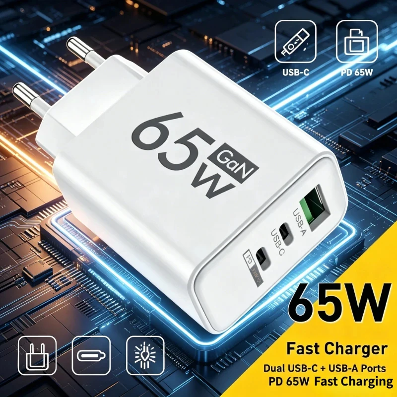 GaN 65W Fast Charging USB Type-C Charger US EU Plug USB PD Quick Charge 3.0 Travel Wall Phone Charger Adapter For iPhone Samsung