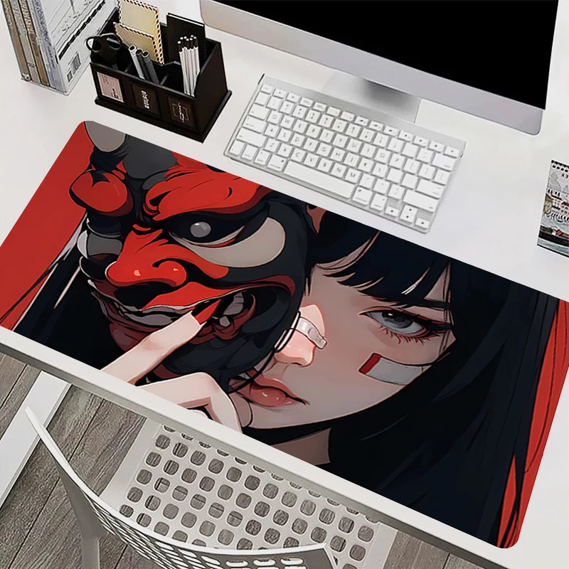 Anime Mouse Pad Gamer Keyboard Desk Large Extended Mouse Mat Lock Edge Carpet Laptop Gaming Accessories Devil Oni Mask Mousepads