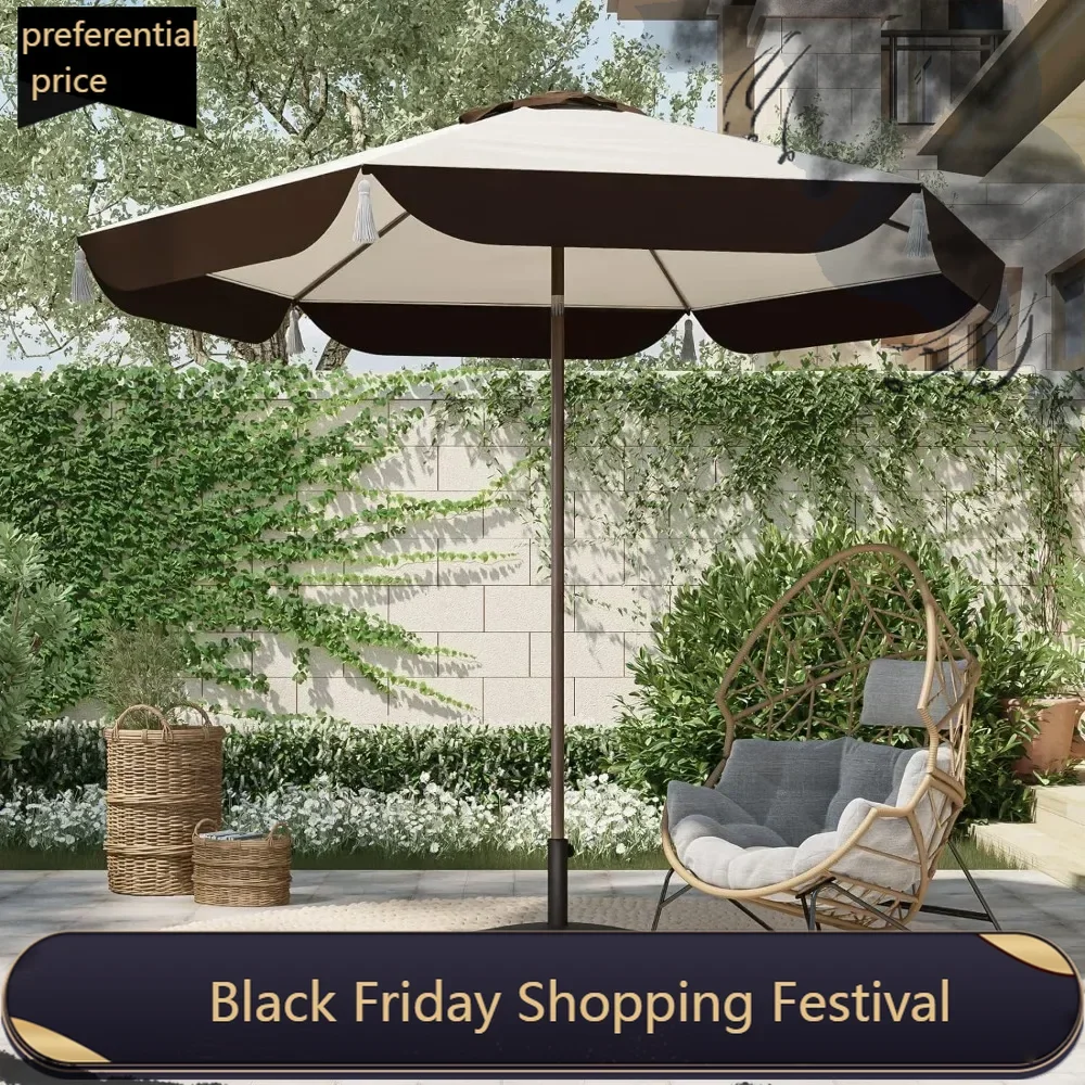 

9FT Patio Umbrella with Fringe, Outdoor Tassel Umbrella with Push-Button Tilt for Poolside, Deck, Garden, Beige and Coffee