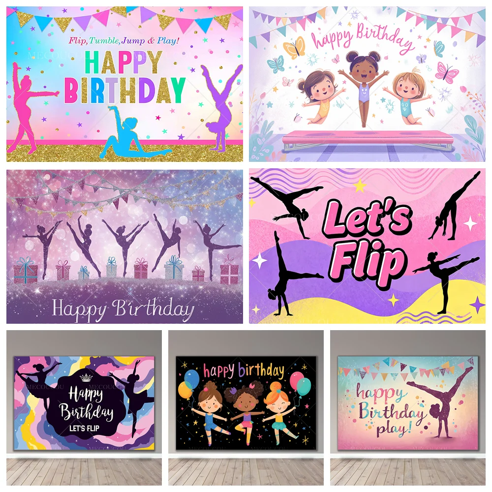 

Gymnastics Theme Backdrop Gymnastics Action Flip Jump Tumbling Girl Birthday Party Decoration Banner Photography Background Prop
