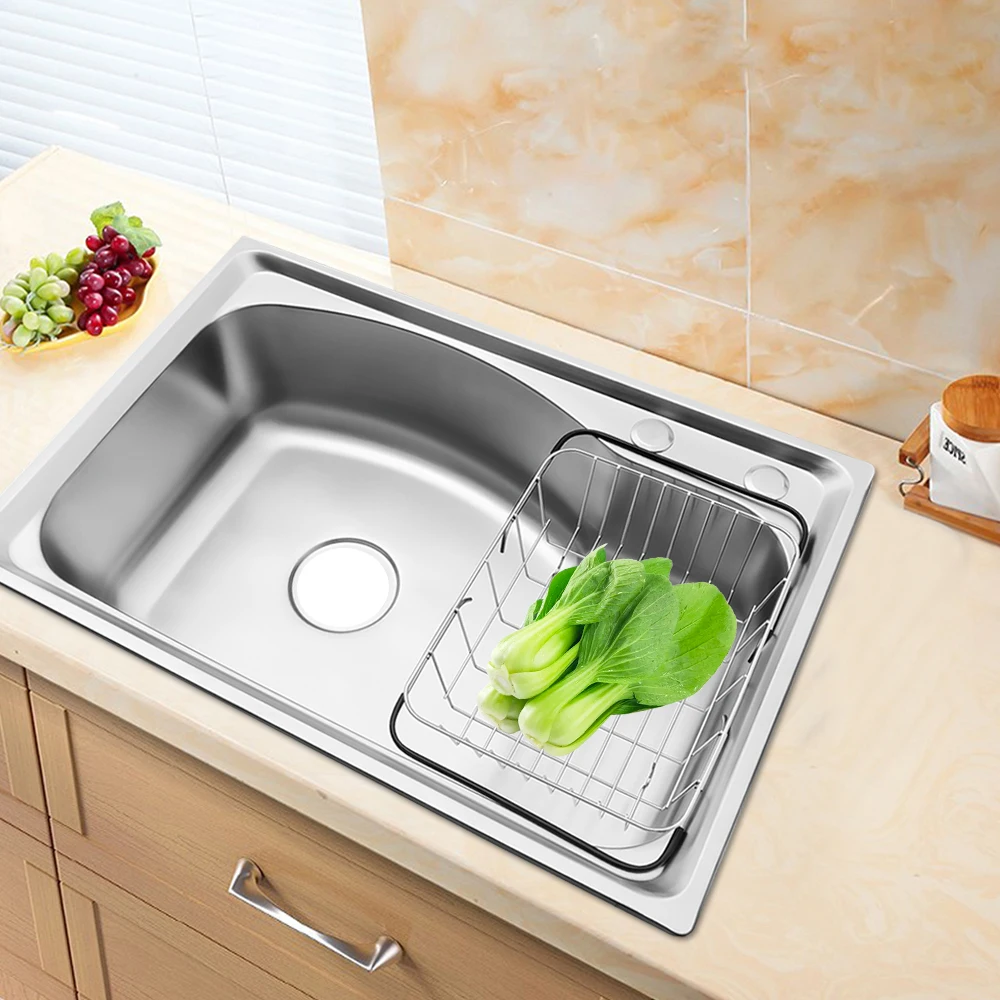 Modern Rectangular 201 Stainless Steel Kitchen Sink Silver 65x44x22cm with Drainage Strainer Drain Basket