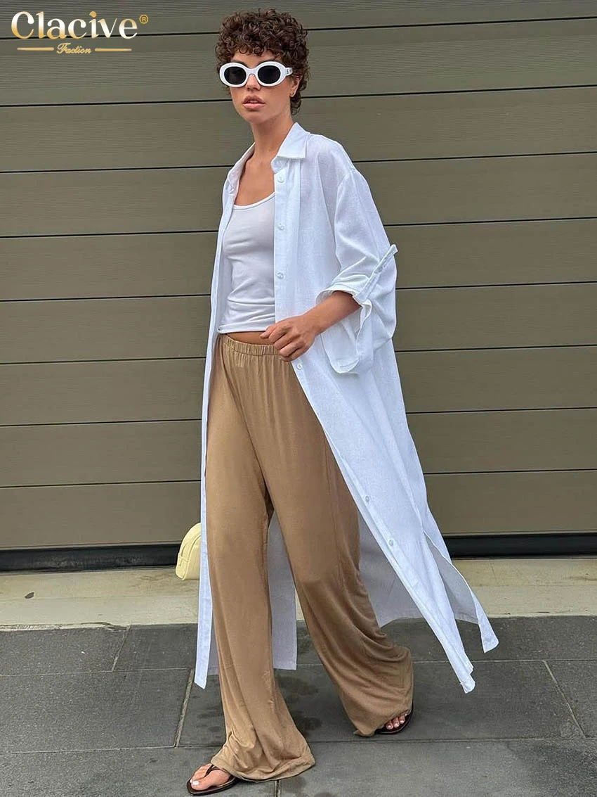 Clacive Fashion Loose White Cotton Women Dress Casual Lapel Long Sleeve Ankle Length Dresses Elegant Classic Solid Female Dress