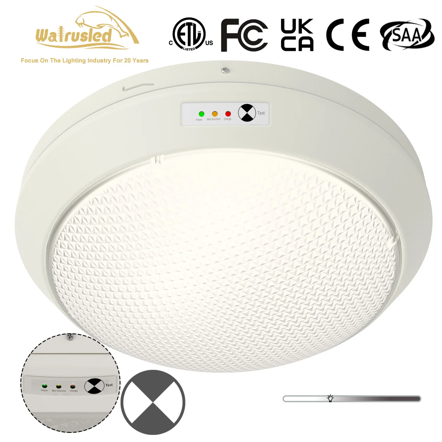 

12 Inch Round LED Canopy Gas Station Vapor Tight Emergency Ceiling Light Battery Backup IP65 30W 3750LM 5000K 0-10V Dimmable ETL