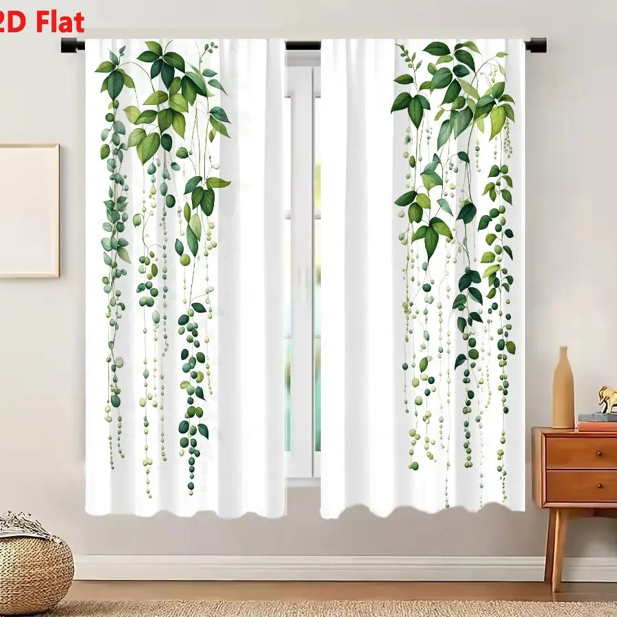 2Pcs Curtains 2D Flat Cascading Green Vines With Berries Botanical Illustration Window Drapes for Bedroom Room Decor Decoration