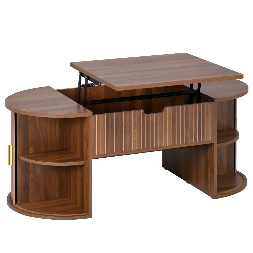Moderne in hoogte verstelbare salontafel met opklapbaar blad, woonkamertafel met schuifdeuren, open planken en verborgen opbergruimte - afbeelding 1