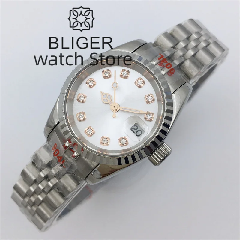 BLIGER 26mm Silver Mechanical Women\'s Watch NH05 Movement White dial Diamond Index Sapphire glass Silver Jubilee Bracelet