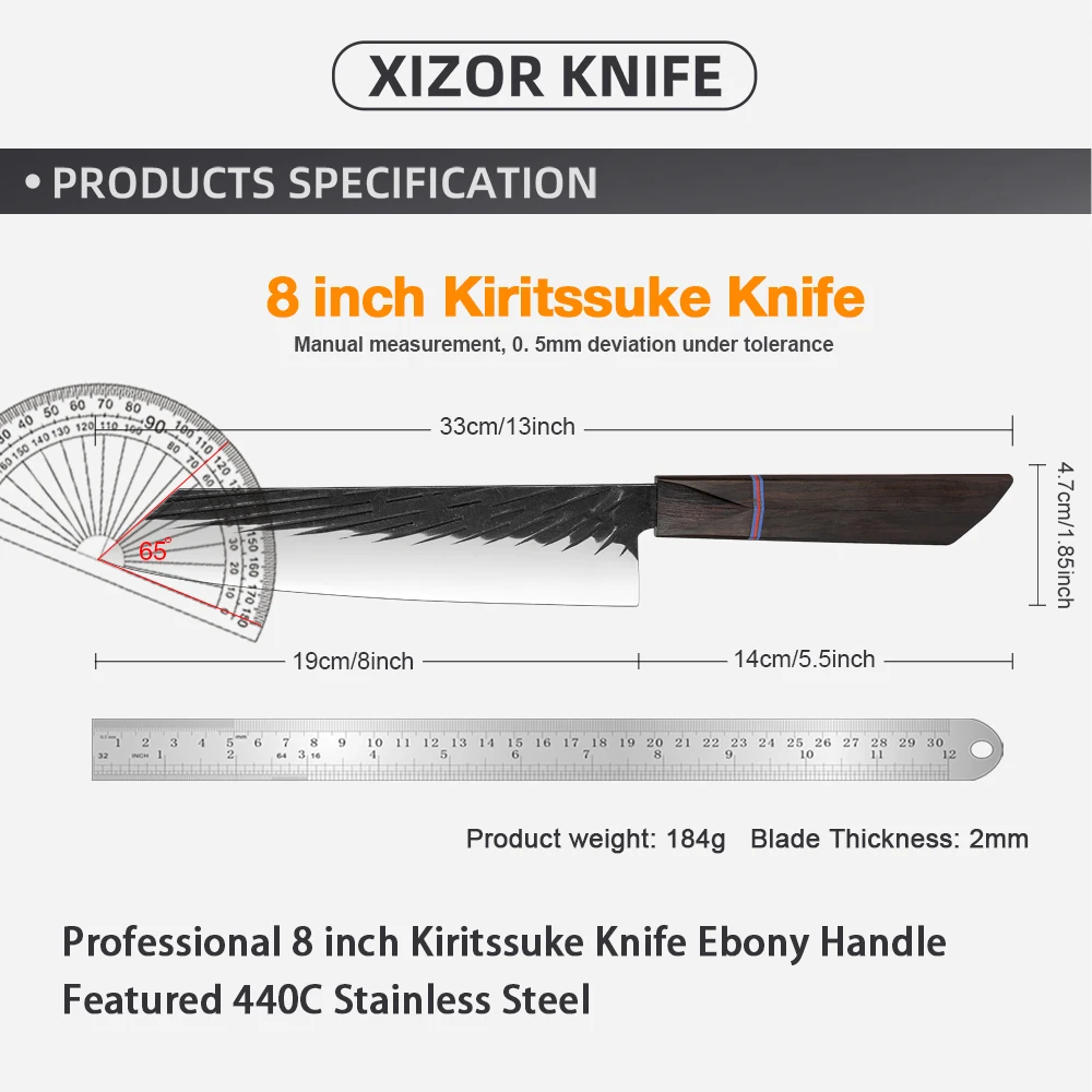 Professional Handmad Kitchen Slicing Knife 8 Inch Kiritsuke Knife 440C Stainless Steel Sharp Chef knife Black Sandalwood Handle