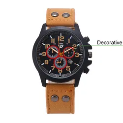 Men’s Casual Versatile Brown Series No Waterproof Alloy Leather Belt Digital watch Fashion Three Eyes Dial With Calender Reloj