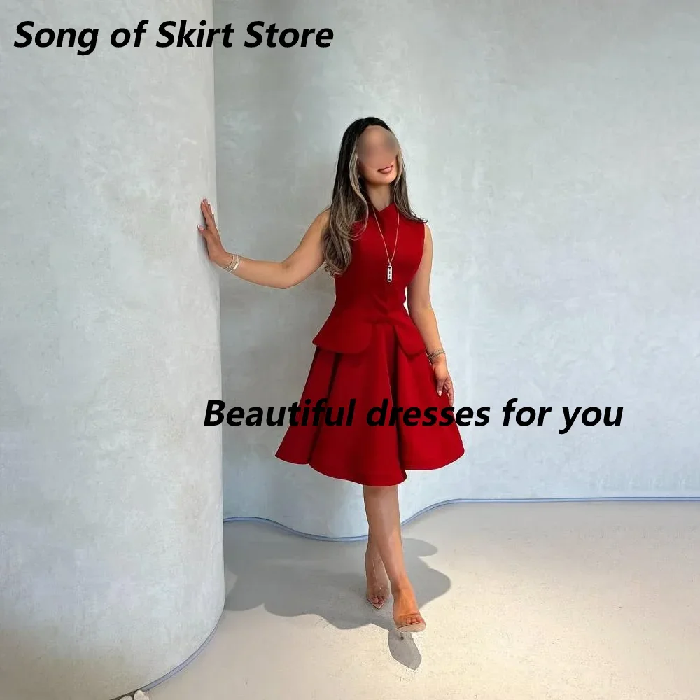 

Red Short Prom Dress Customized High Neck Knee Length A Line Jersey Saudi Arab Evening Dress Casual Simple Custom Size