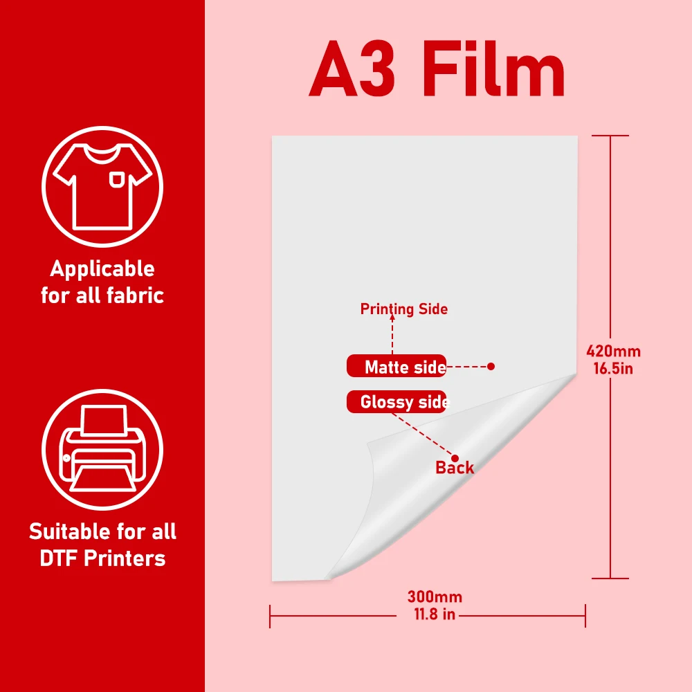 Feuilles de papier A3 DTF pour impression et transfert direct, film l\'horloge, encre DTF, 25 feuilles, 50/100 feuilles