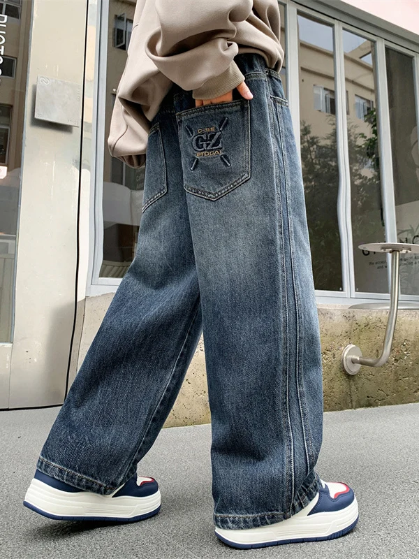 boys-spring-autumn-wide-leg-jeans-loose-comfortable-straight-cut-trousers-cool-fashionable-kids-clothing-elastic-waistband