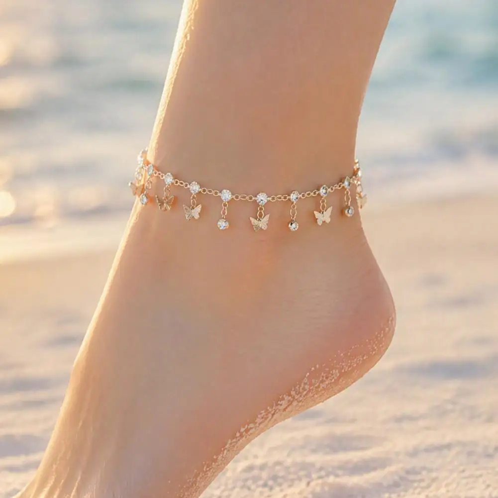 Rhinestone Butterfly Jewelry Butterfly Charm Anklet for Women Rhinestone Tassel Ankle Bracelet Adjustable Beach Foot Chain