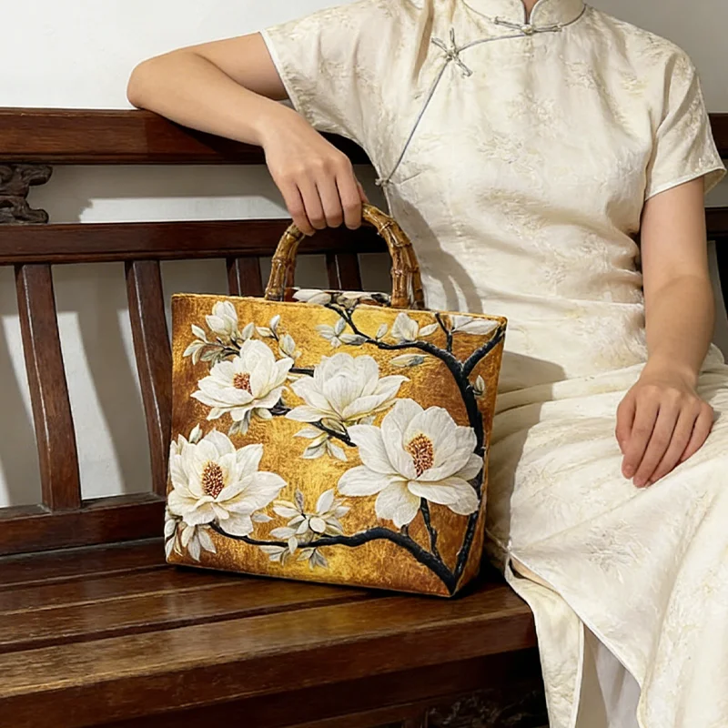 Magnolia-Ölgemälde-Tragetasche für Damen, Handtasche mit Bambusimitat-Griff und großem Fassungsvermögen, für Pendeln und Einkaufen, tägliche Reisen – Detail 3