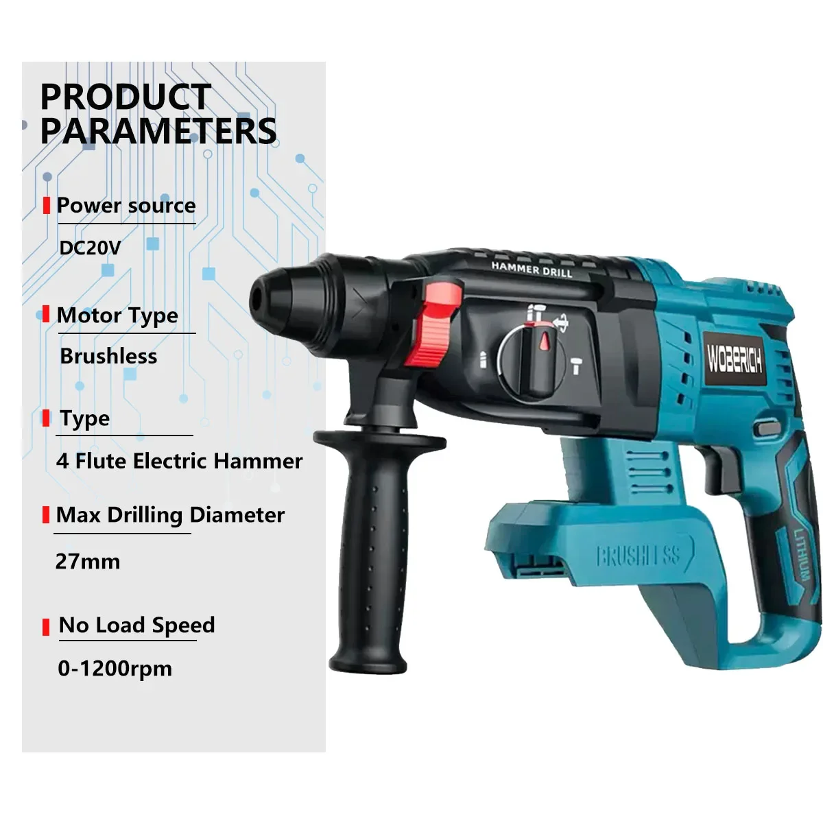 4 Function Brushless Cordless Electric Rotary Hammer Drill Rechargeable Hammer 26mm Impact Drill for 18V Makita Battery