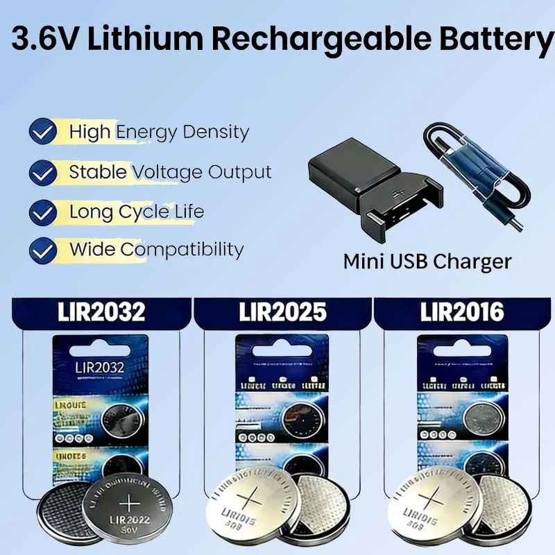 LIR2032 LIR2016 LIR2025 3.6V Rechargeable Button Coin Cell Batteries Replacement CR2032 CR2025 CR2016 for Watch Calculator Toy