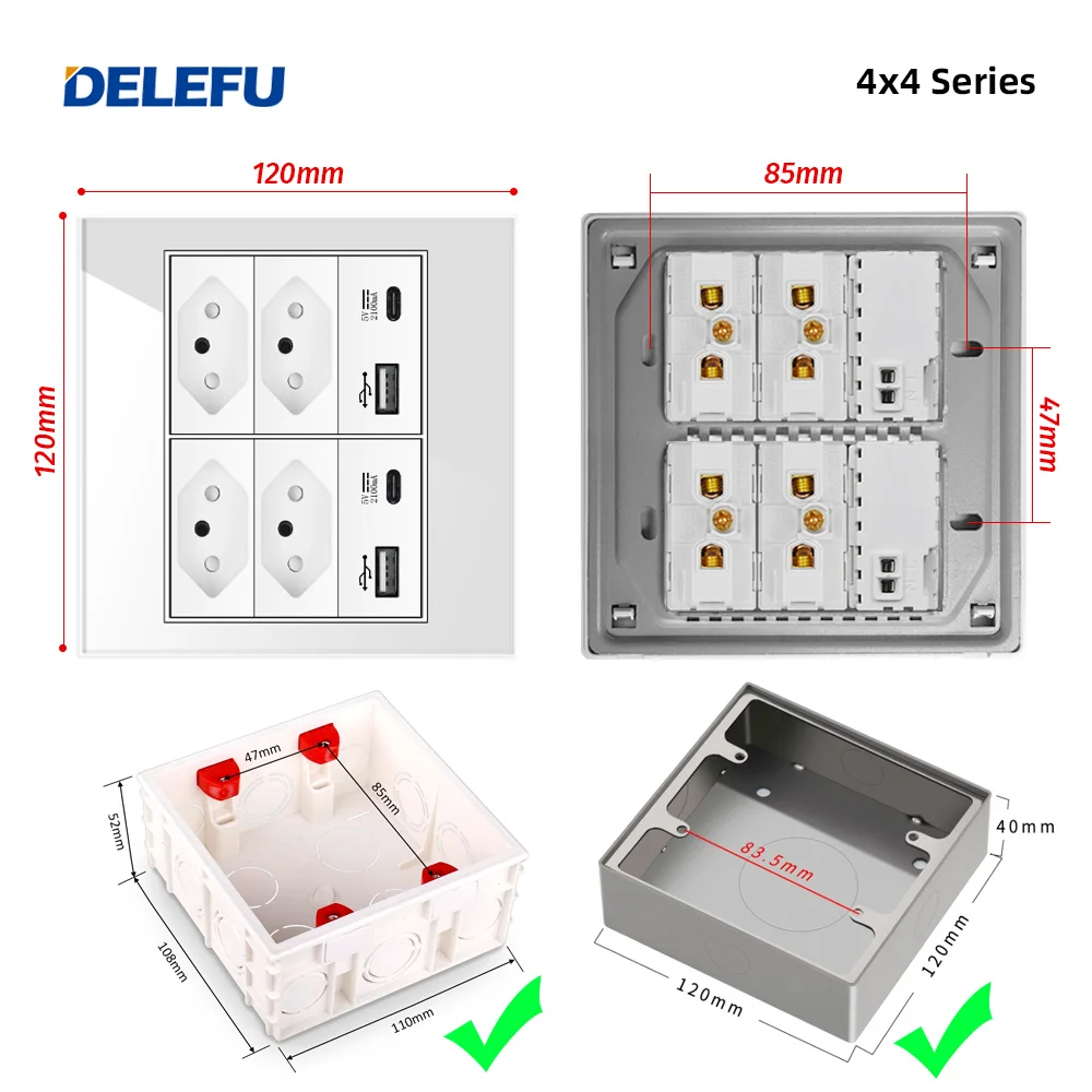 DELEFU 4x4 Fireproof Glass Panel Brazil Standard Outlet Double USB Type C Wall Power Socket Light Switch Office White 10A 20A