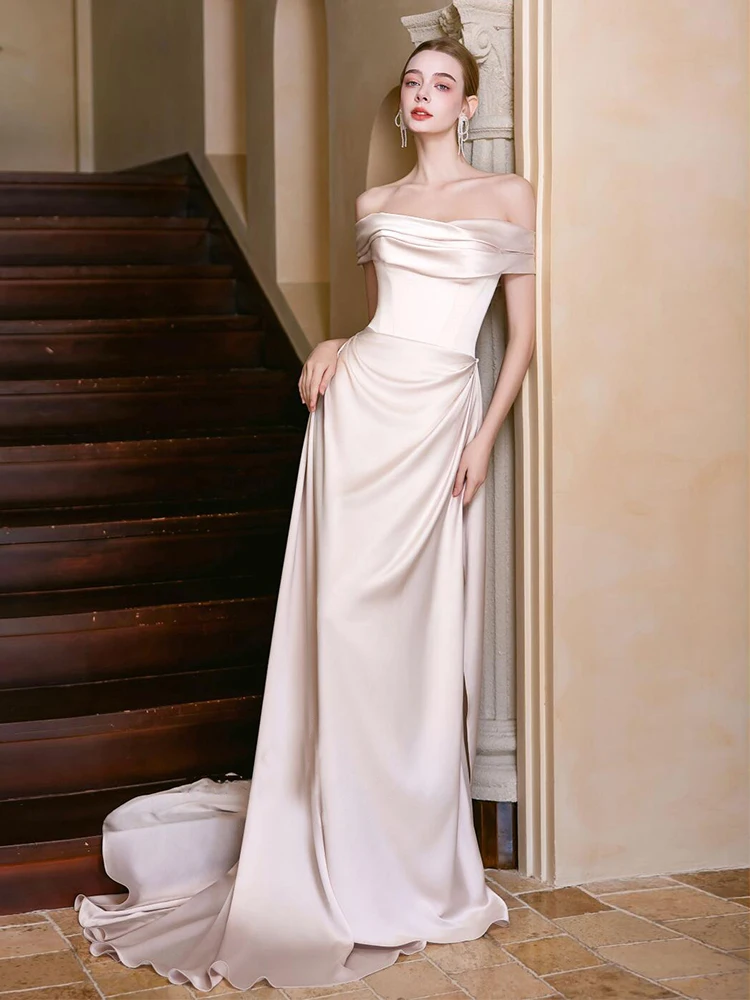 

Элегантное свадебное платье с шлейфом из атласа, на одно плечо, белое, для гостей, с длинной юбкой, свадебное платье