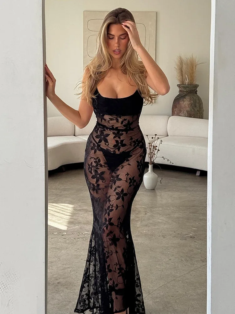 

Women Sexy See-through Floral Mesh Dress 2025 Summer Ladies Spaghetti Strap Backless Holow Out Black Party Prom Dresses Clubwear